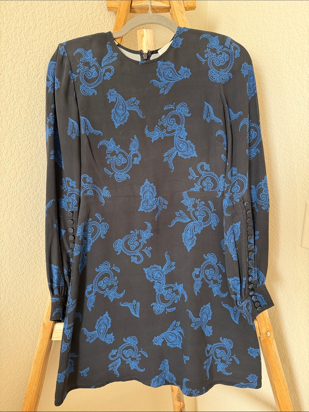 A.L.C. Black Long-Sleeve Fit & Flare Dress with Blue Paisley 100% silk - Picture 2 of 6